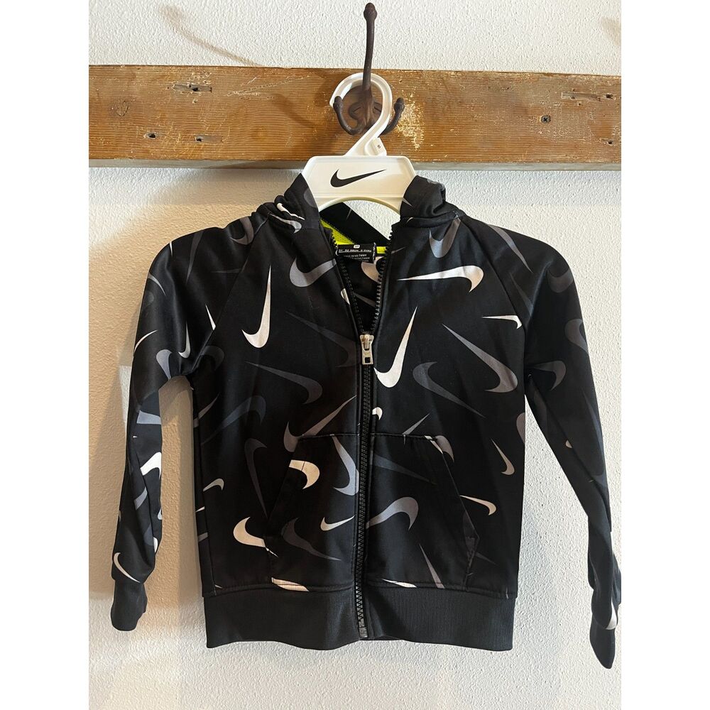 Nike Dri-FIT Toddler Full Zip Hoodie size 3T Black All Over Swoosh Full Zip Neon